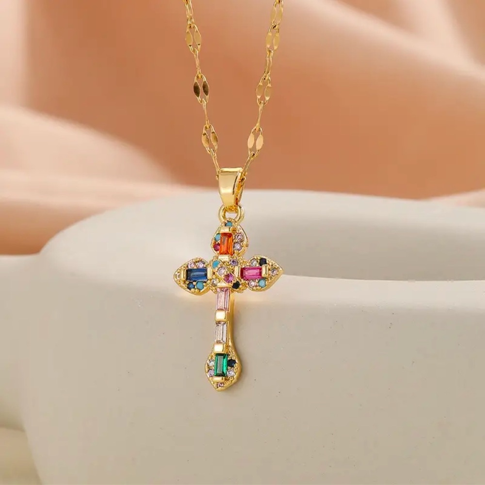Rainbow Cross Necklace, Gold Cross Necklace, Religious Jewelry